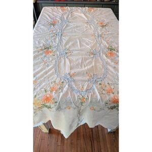 Gorgeous Vintage Hand Embroidered Floral White Cotton Oval Tablecloth 60x96